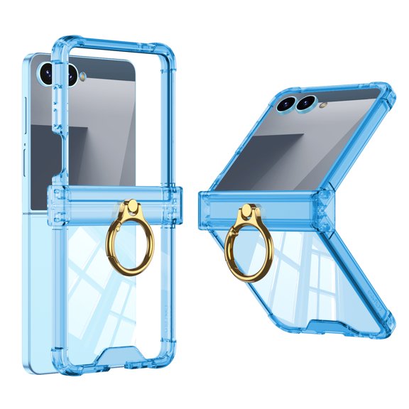 ELEHOLD Clear Case for Samsung Galaxy Z Flip 7 with Ring Holder, Shockproof Shock-Absorbent Ring Holder Hinge Protection Cover Lightweight Anti-Scratch Protective Case,Blue