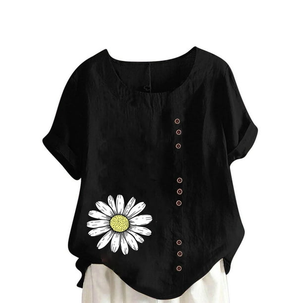 Vestidos Casuales Para Mujer, Blusas De Mujer De Moda Blusa informal de lino con botones y manga corta estampada para mujer