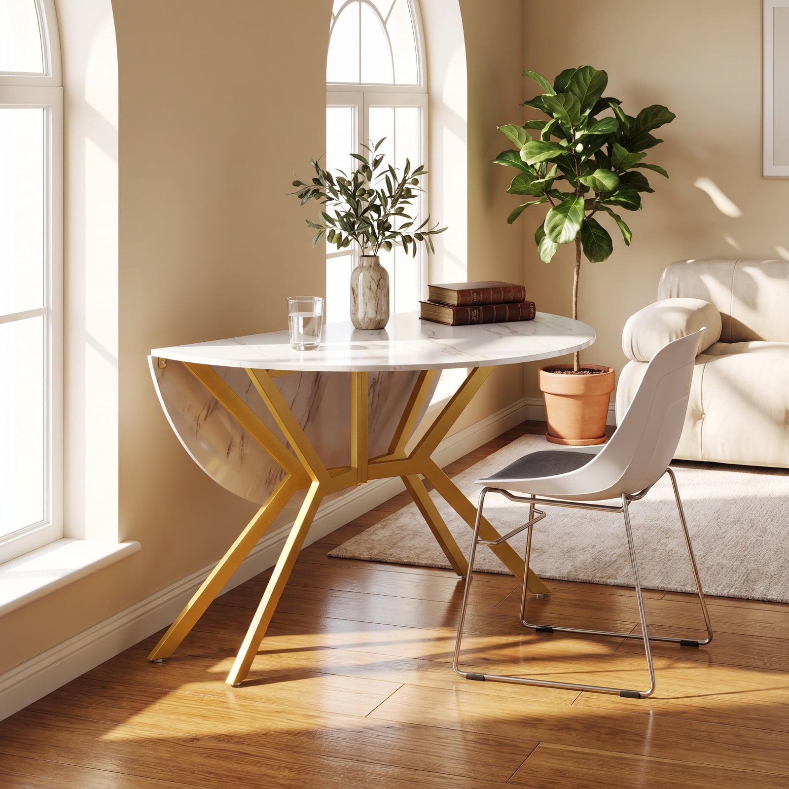 Furnibear Folding Dining Table 47 Inch Extendable Round Kitchen Table with Drop Leaves for Kitchen Dining Room Breakfast Nook Small Space Home, White