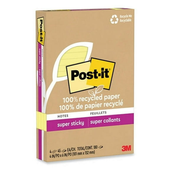 100% recycled paper super sticky notes, ruled, 4" x 6", canary yellow, 45 sheets/pad, 4 pads/pack | Bundle of 10 Packs