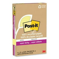 100% recycled paper super sticky notes, ruled, 4" x 6", canary yellow, 45 sheets/pad, 4 pads/pack | Bundle of 5 Packs