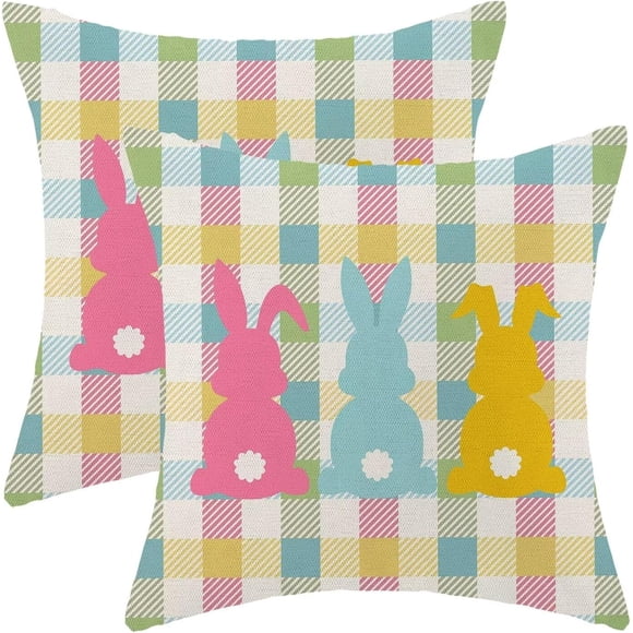 Housses de Coussin Lapin Carreaux 18x18 Pouces Ensemble de 2, Printemps Pâques Extérieur Décoratif Housse de Coussin Moderne Familiale pour Canapé Salon Lit Décor