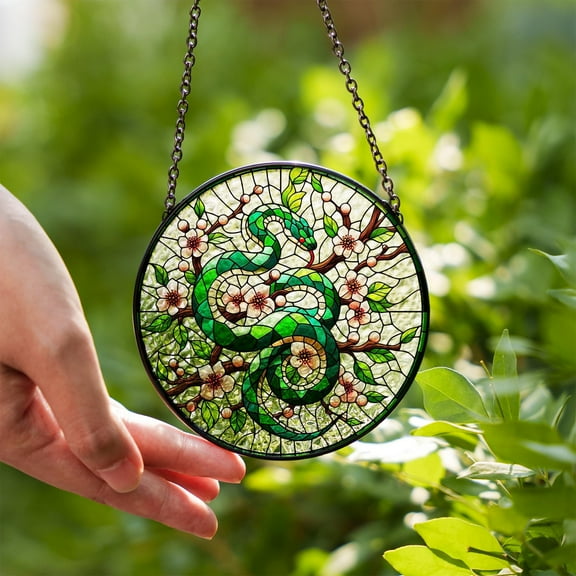 Green Snake Glass Suncatcher, Nature Window Decor with Blossoms, Gothic Cottagecore Reptile Gift, Witchy Sun Catcher Art
