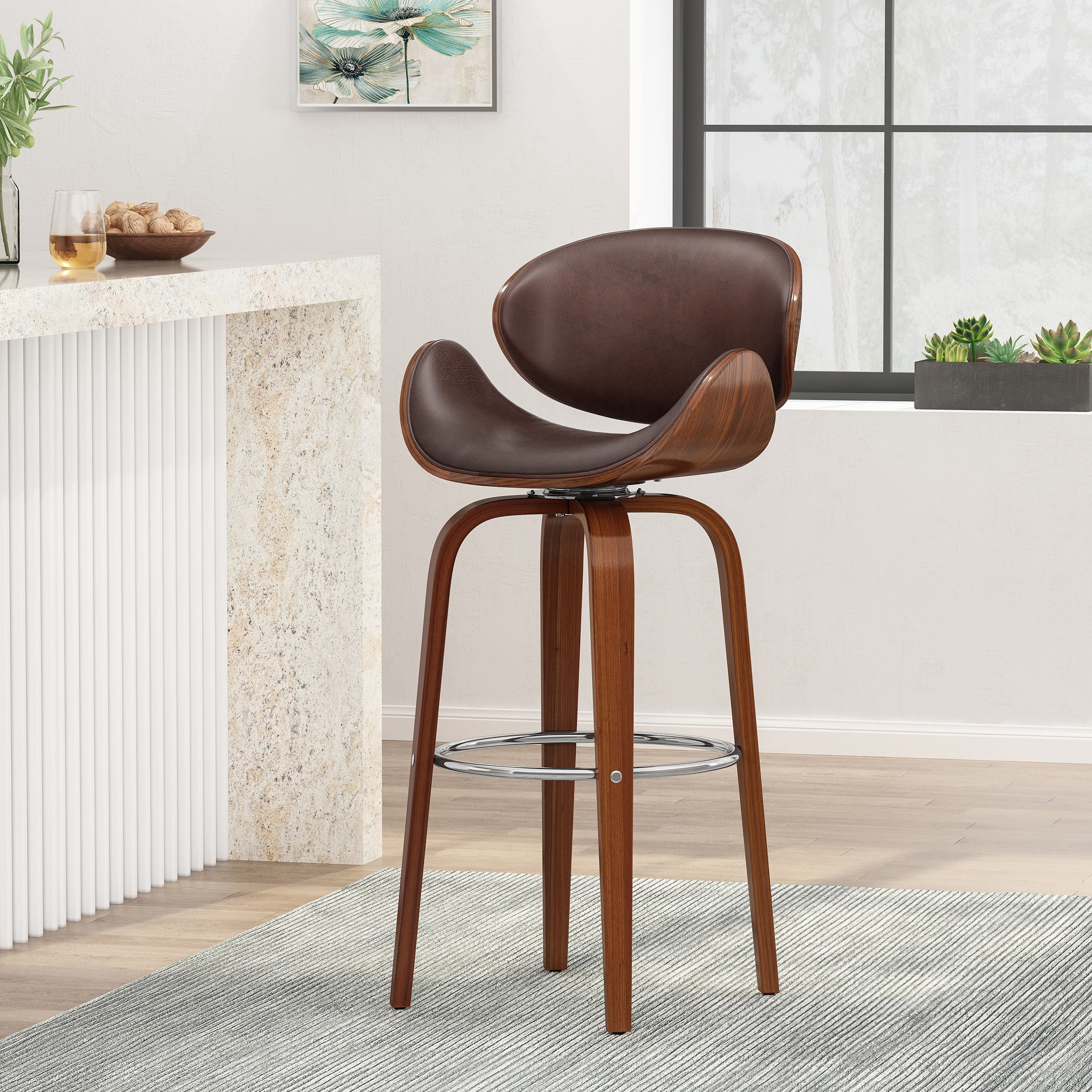 Christopher Knight Home Cordele Dark Brown and Walnut Upholstered Swivel Barstool
