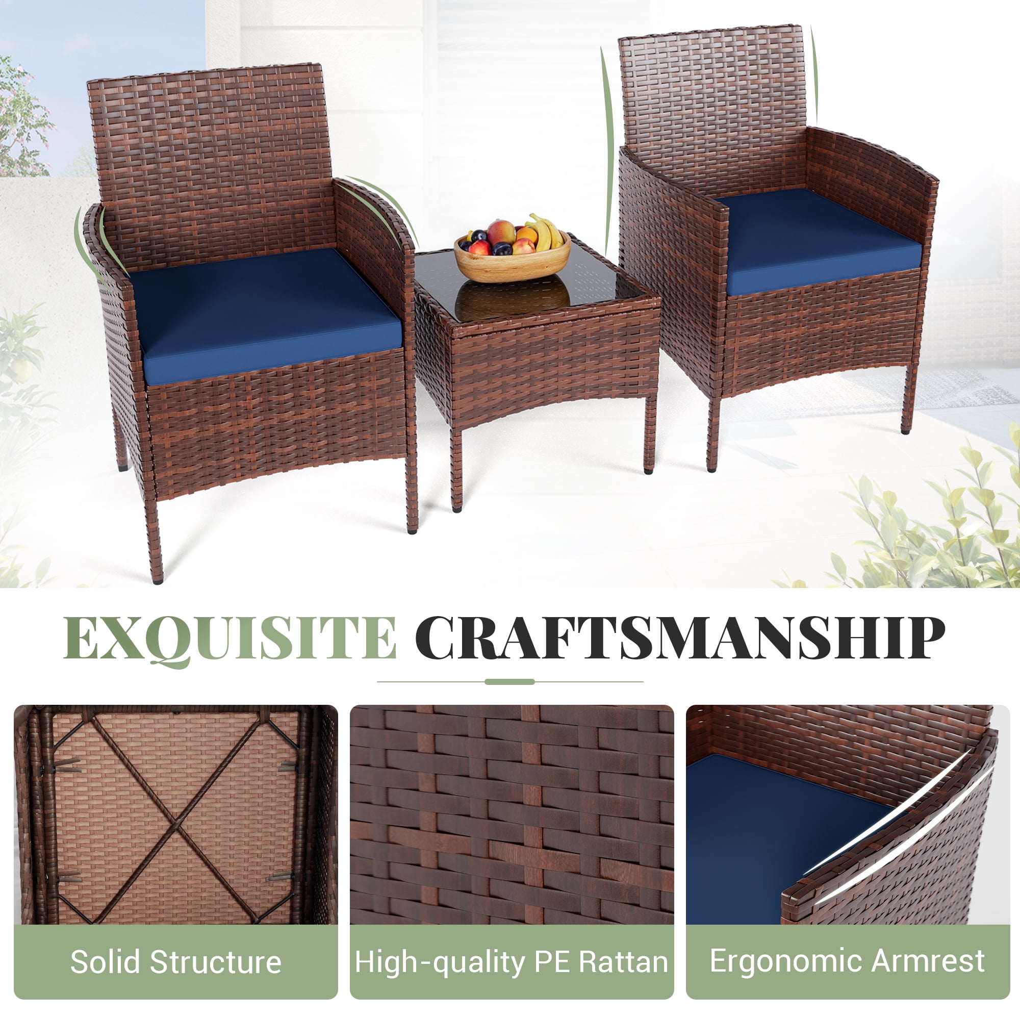 MRUAKA Patio Furniture Set 3 Pieces Porch Furniture Outdoor Wicker Patio Conversation Furniture Set for Backyard,Porch,Garden,Poolside and Balcony(Blue)