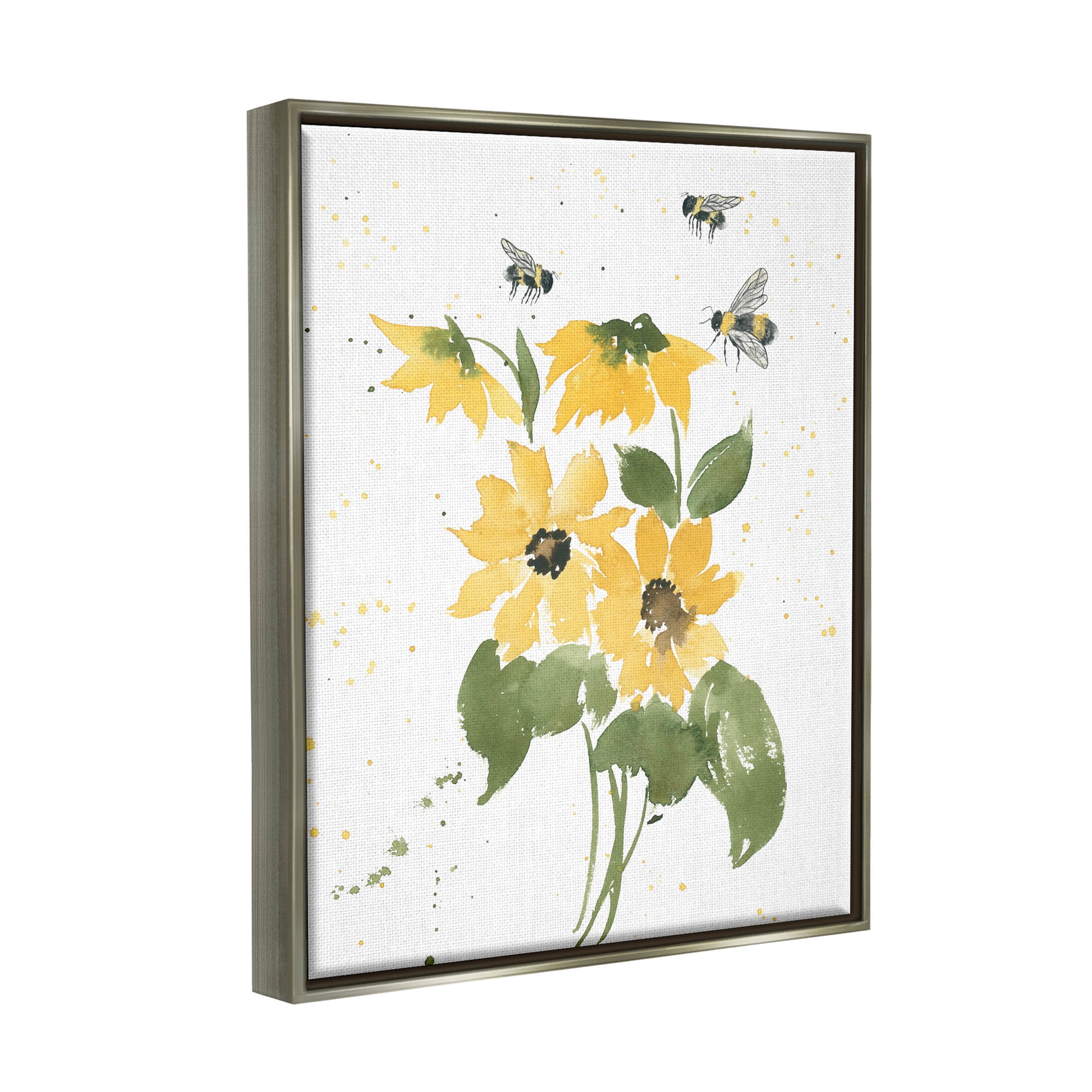 Stupell Industries Buzzing Bees Flower Blossom Graphic Art Luster Gray Floating Framed Canvas Print Wall Art, Design by Lucille Price