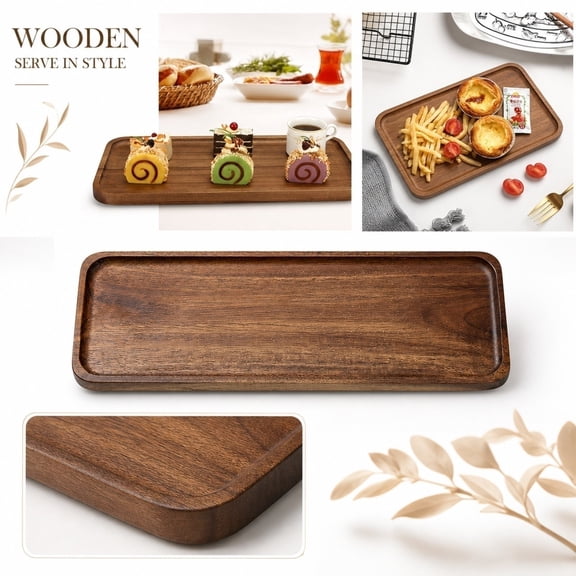 Wooden Tray, 12 X 4.5 Inch Wood Serving Platter, Dinner Tray for Coffee Table, Kitchen Counter, Snacks Pizza Breakfast and Dining Decor, 1 Pack