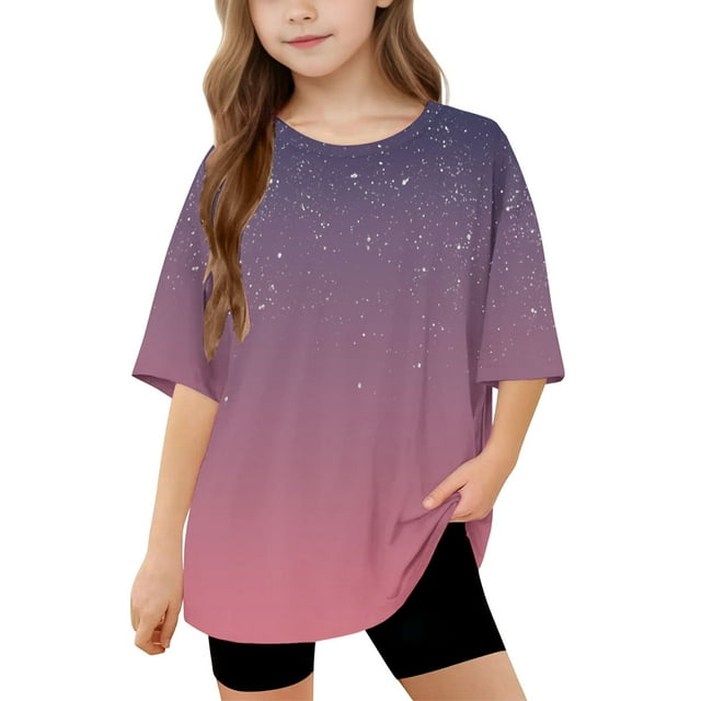 DecSea T-Shirt à Manches Courtes pour Filles, Été, Dégradé, Col Rond, Décontracté, Basique, 5-14 Ans