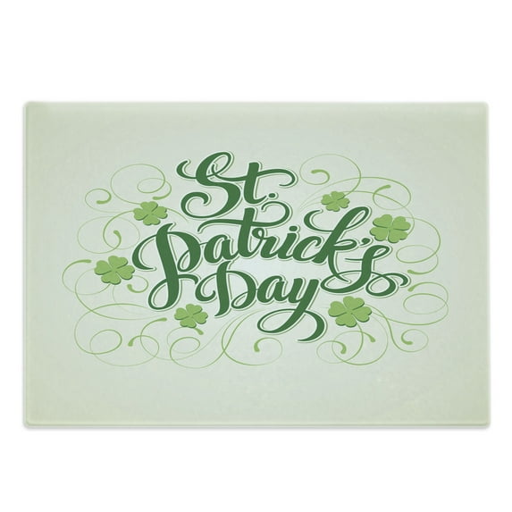 Clover Cutting Board, St Patrick's Day Calligraphy with Swirls and Shamrocks, Decorative Tempered Glass Cutting and Serving Board, in 3 Sizes, by Ambesonne