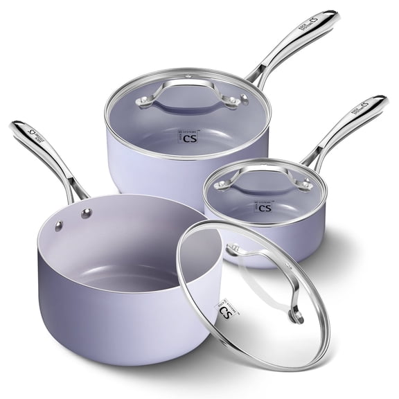 Koch Systeme CS Nonstick Saucepan Set with Lids, 1 2 3QT Cookware Set with Ceramic Nonstick Coating, Oven Safe, Fast and Even Heating, Gradient Purple