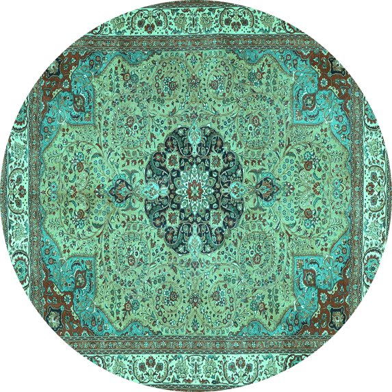 Ahgly Company Machine Washable Indoor Round Medallion Turquoise Blue Traditional Area Rugs, 3' Round