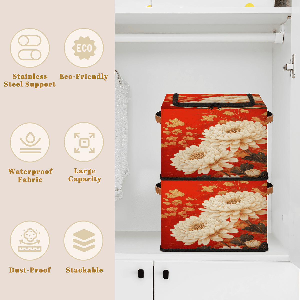 ADECORIVY Flowers Chrysanthemum Fabric Storage Bin with Lid, Decorative Closet Shelf Organizers, Floral Foldable Basket Box Clothes Storage Bin with Handles