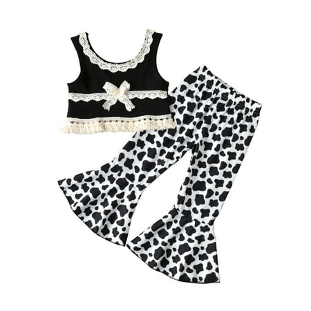 

Toddler Baby Girl Clothes Set Little Tassel Sleeveless T Shirt Tops Floral Flared Bell Bottom Pants Summer Outfits