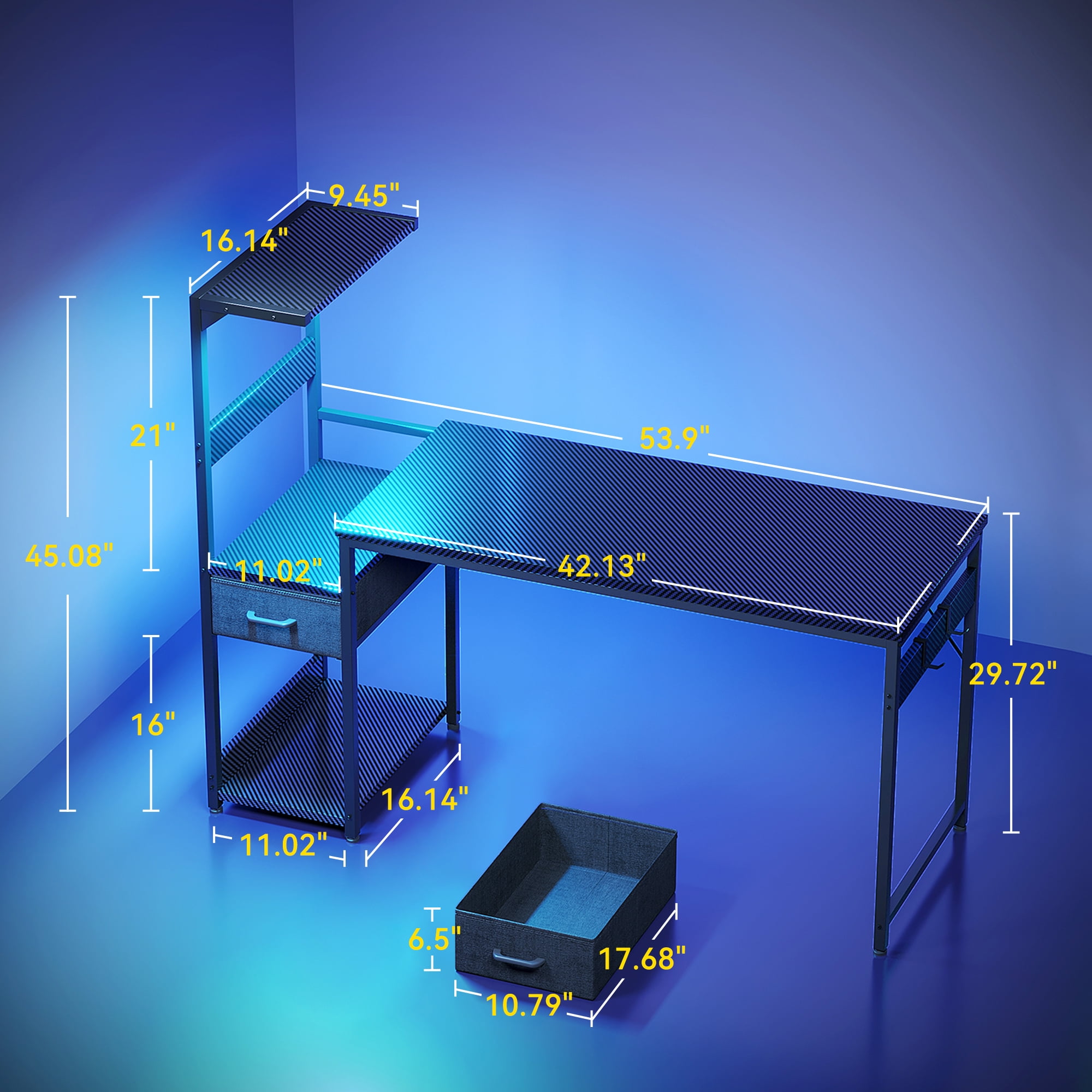 54" Gaming Desk with LED Lights & Storage Drawer, Reversible Computer Desk with Headphone Hook, Carbon Fiber Black