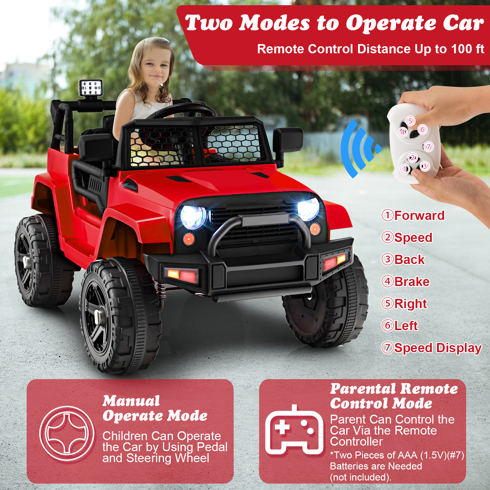 Topbuy 12V Kids Ride On Car Electric Vehicle Jeep with Parental Remote Music Horn Headlights Slow Start Function Red - image 3 of 10