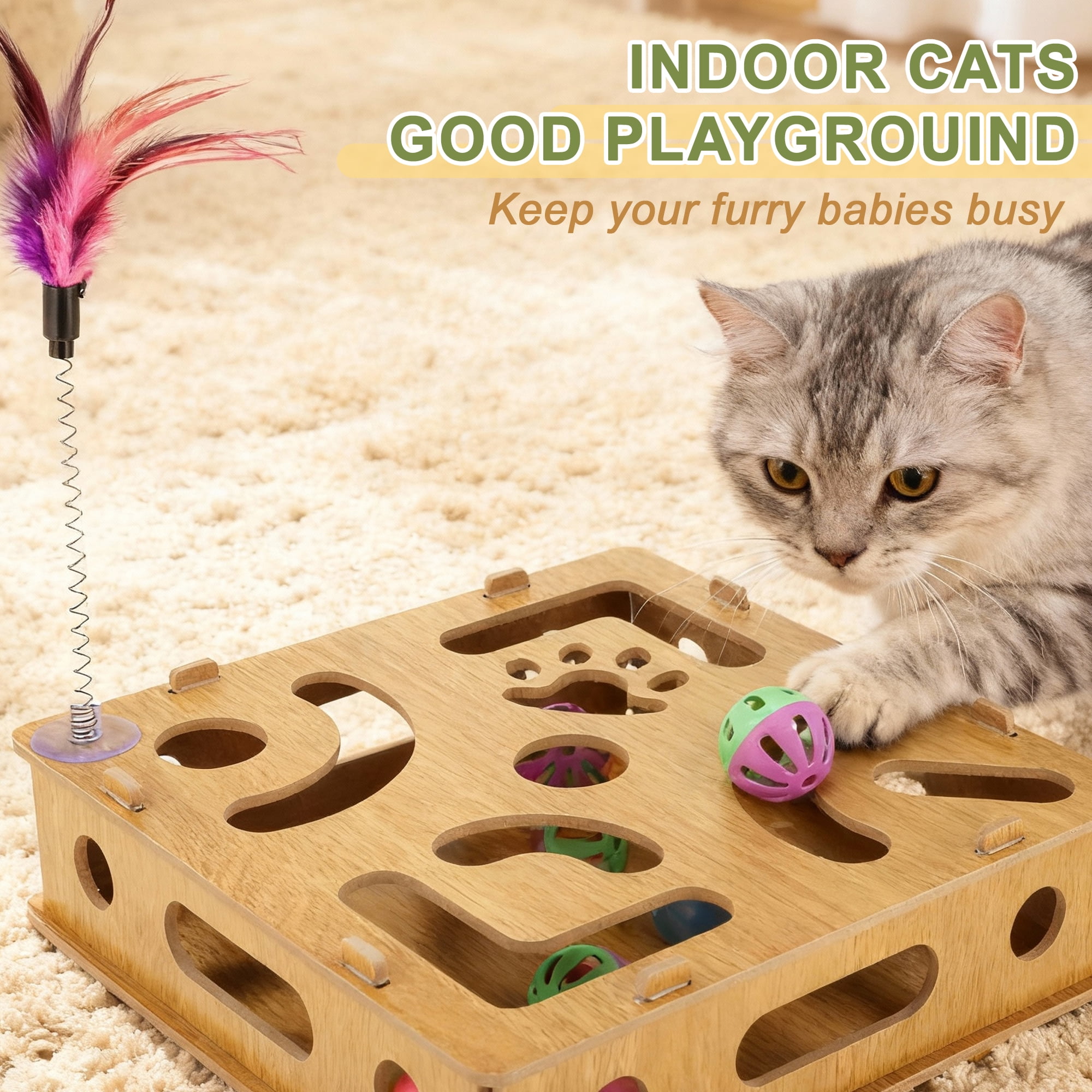 Unique Bargains Cat Toys for Indoor Cats Interactive Wooden Puzzle Toy Box Stimulate Hunting Instincts and Reduce Boredom Wood Color