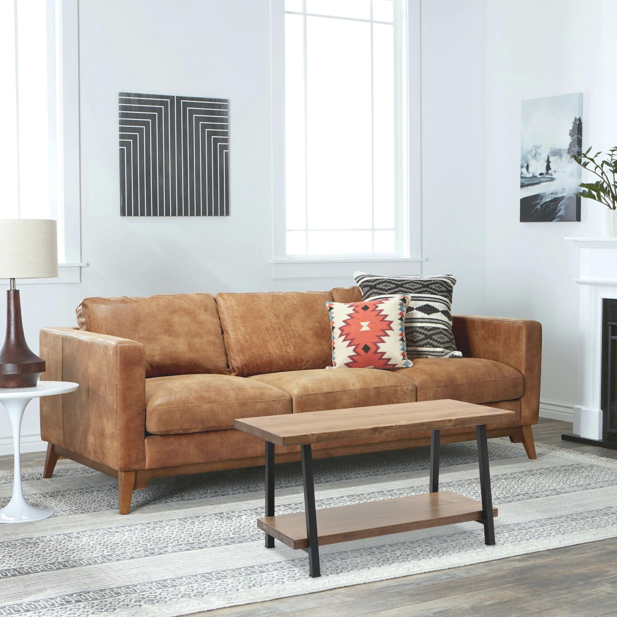 39-Inch Solid Wood Rustic Coffee Table with Storage Shelf-Walnut Finish