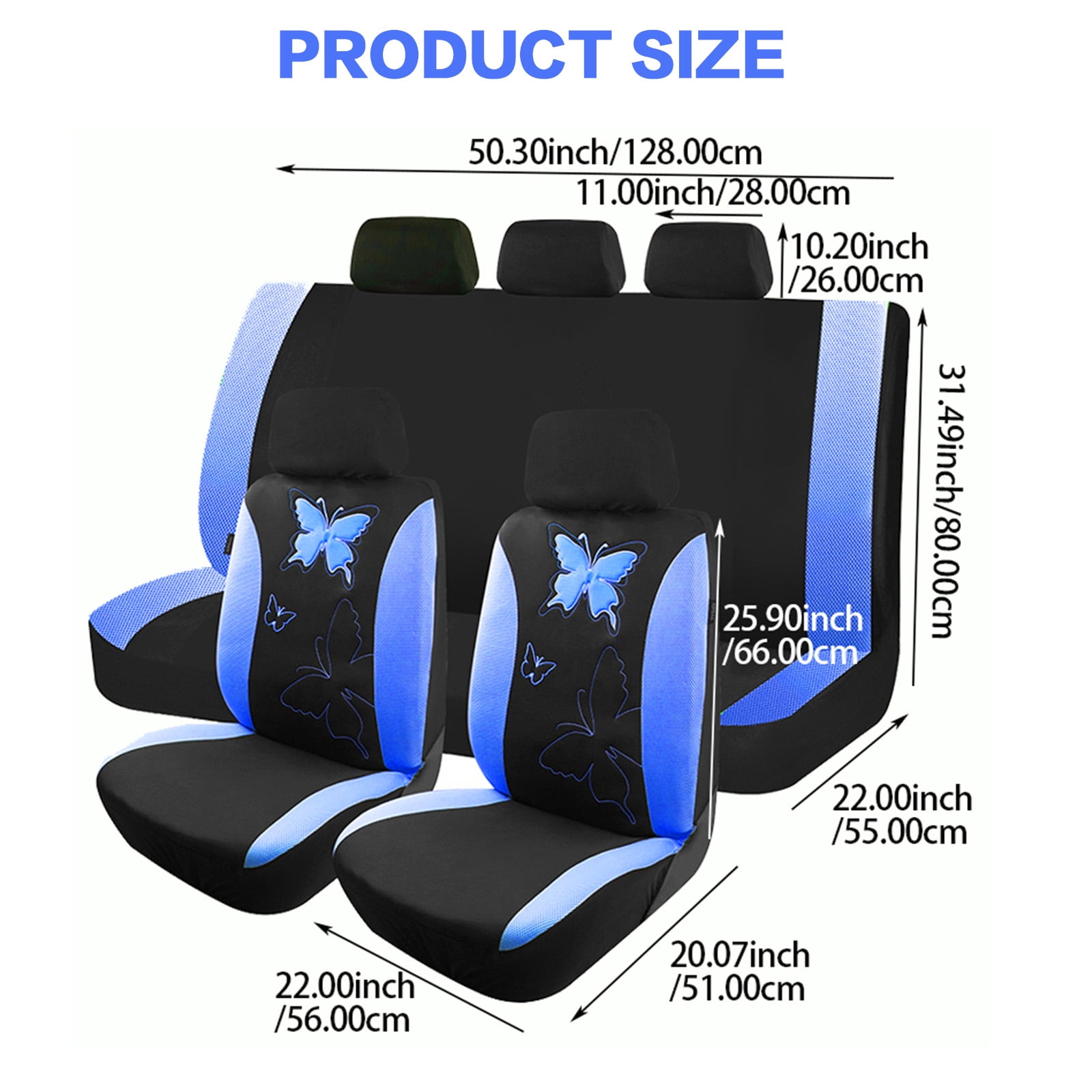 OTOEZ Butterfly Car Seat Cover, Breathable Cloth 5 Seats Full Set for Front & Rear Seat Protector, Universal fit Most Honda Toyota Chevy Ford Nissan Truck SUV, Blue
