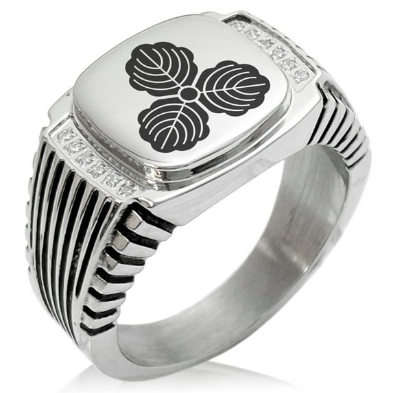 Stainless Steel Kasai Samurai Crest CZ Ribbed Needle Stripe Pattern Biker Style Polished Ring