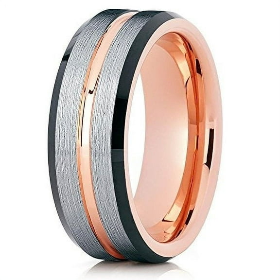 8mm Rose Gold Tungsten Carbide Wedding Ring Silver Brushed Finish Beveled Edges Unisex Band 10 (10)