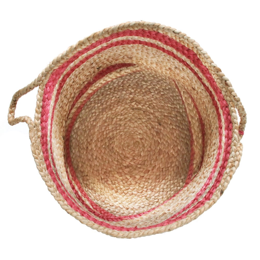 LR Home Woven Round Jute 17" Storage Basket with Handles, Red Double Stripe