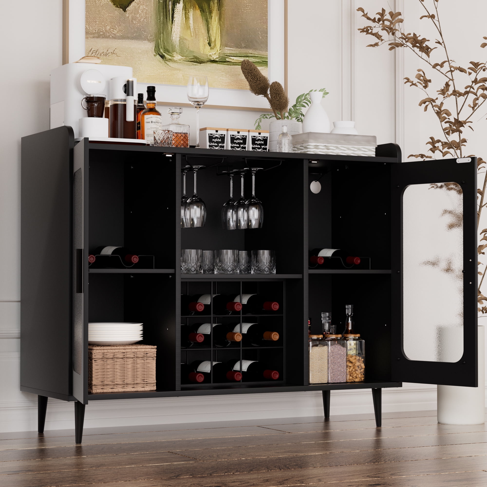 Homieasy Assembled Wine Bar Cabinet with Power Outlet and LED Lights, Wood Black