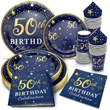 Golden Jubilee Celebration Set: Blue and Gold Birthday Plates, Napkins, and Cups for 30 Guests - Perfect 50th Birthday Party Supplies for Men and Women