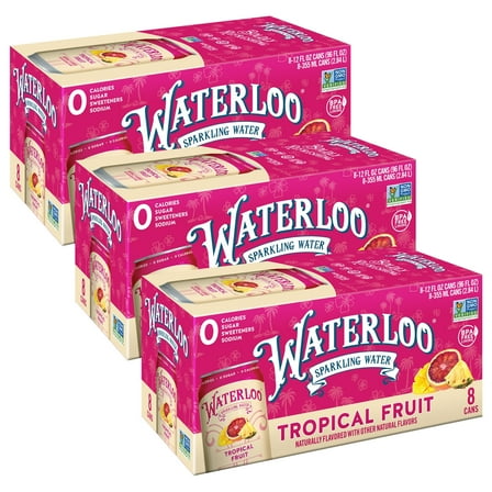 (3 pack) Waterloo Sparkling Water, Tropical Fruit, 12 fl oz, 8 pack cans