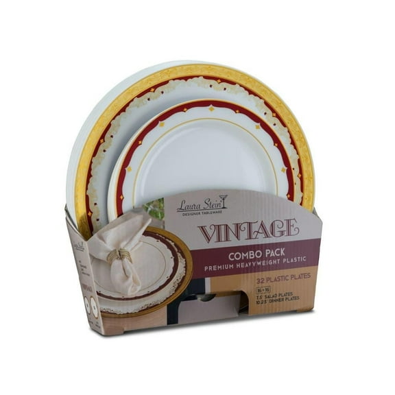 Vintage Collection Tableware Set of 32 White Party Plates w/Gold and Burgundy Border