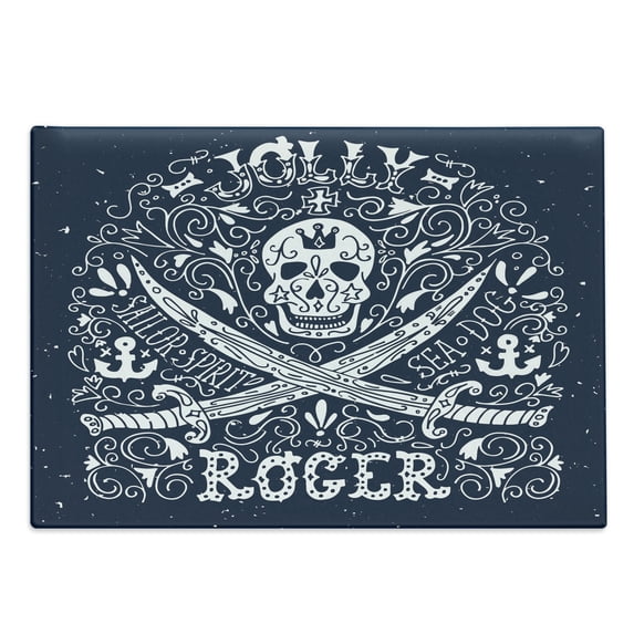 Skull Cutting Board, Pirates Jolly Roger Flag Sailor Crossed Tools Theme in Blue Tones, Decorative Tempered Glass Cutting and Serving Board, in 3 Sizes, by Ambesonne