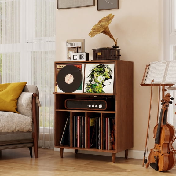 FULLWATT Record Player Stand with Vinyl Storage, Flip Top Media Cabinet, Audio-Video Stereo Cabinet，Mid-Century Turntable Table with Open Storage for Living Room, Bedroom, Walnut