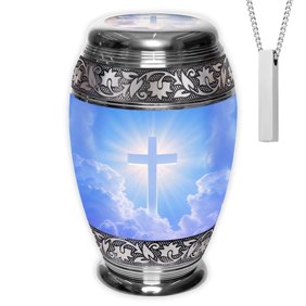 Heavenly Cross Aluminum Cremation urn Set &ndash; Large Adult &  Necklace Keepsake Urn for Ashes, Handcrafted in India