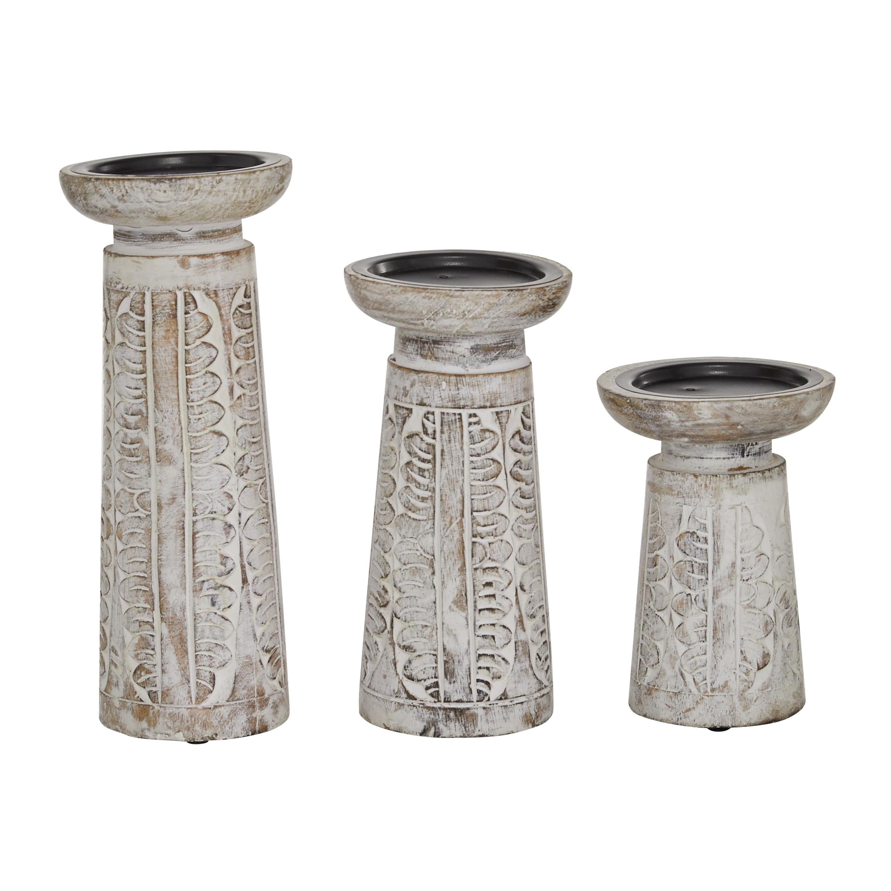 DecMode 3 Candle White Wood Handmade Floral Intricate Carved Pillar Candle Holder, Set of 3