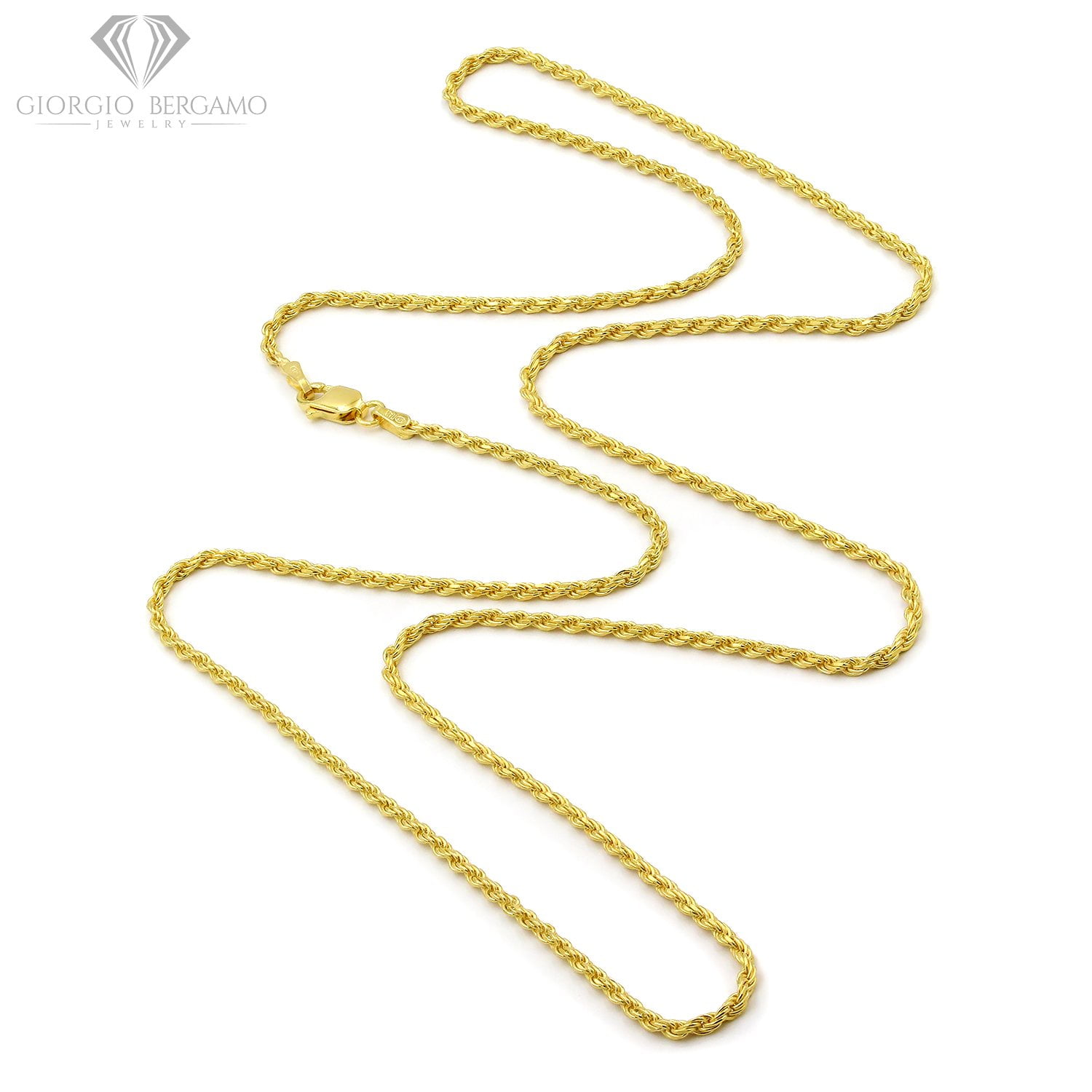 925 Italian Sterling Silver 2mm Solid Rope Diamond Cut Chain, FREE Microfiber Cloth, Yellow Gold Plated Link Mens Womens Necklace, Giorgio Bergamo