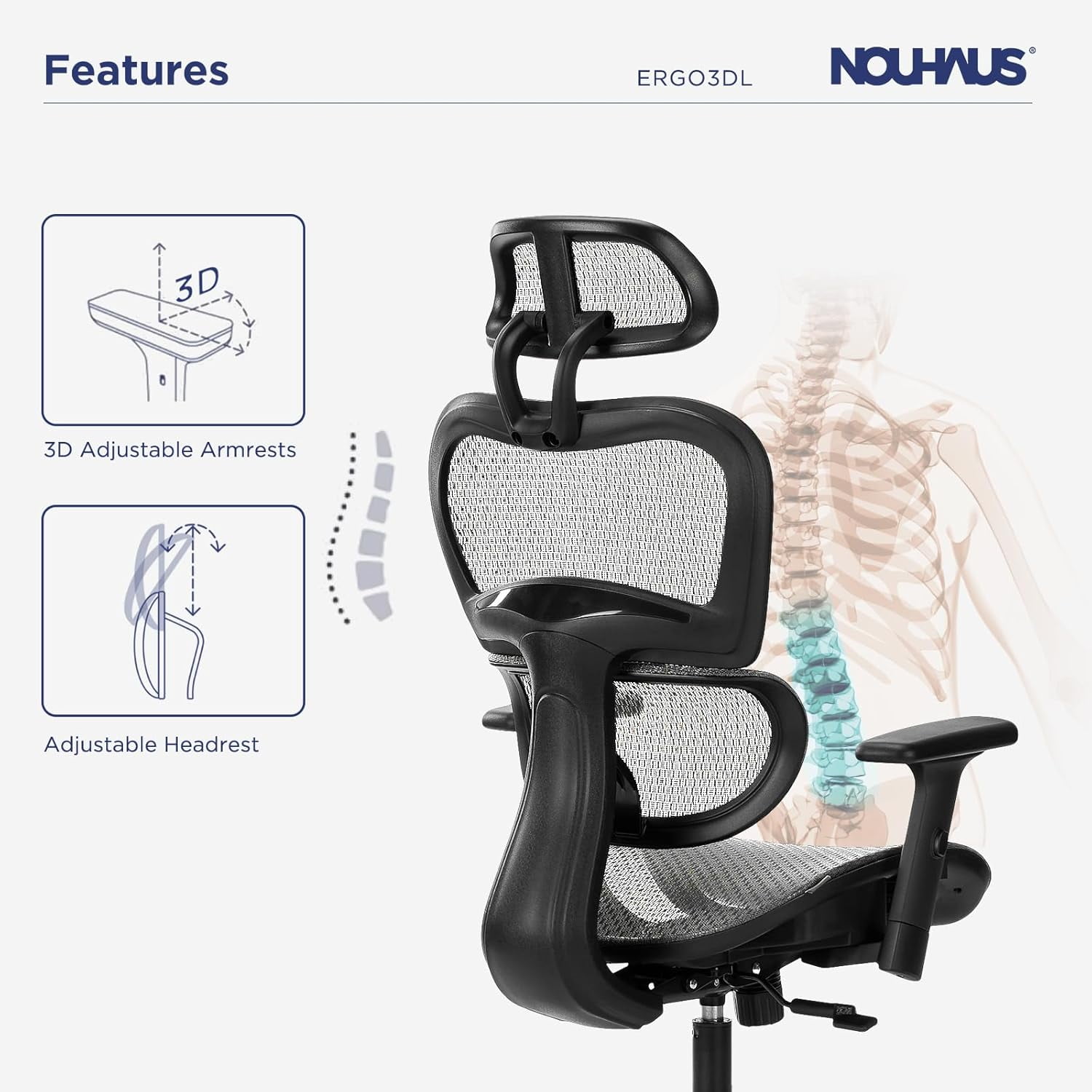 NOUHAUS Ergo3DL Ergonomic High-Back Mesh Office Chair with Adjustable Headrest, Lumbar Support, and Armrests, Gray