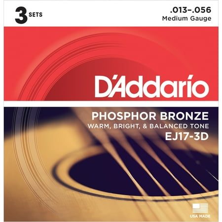 D'Addario EJ17-3D Phosphor Bronze Acoustic Guitar Strings, Medium, 13-56, 3