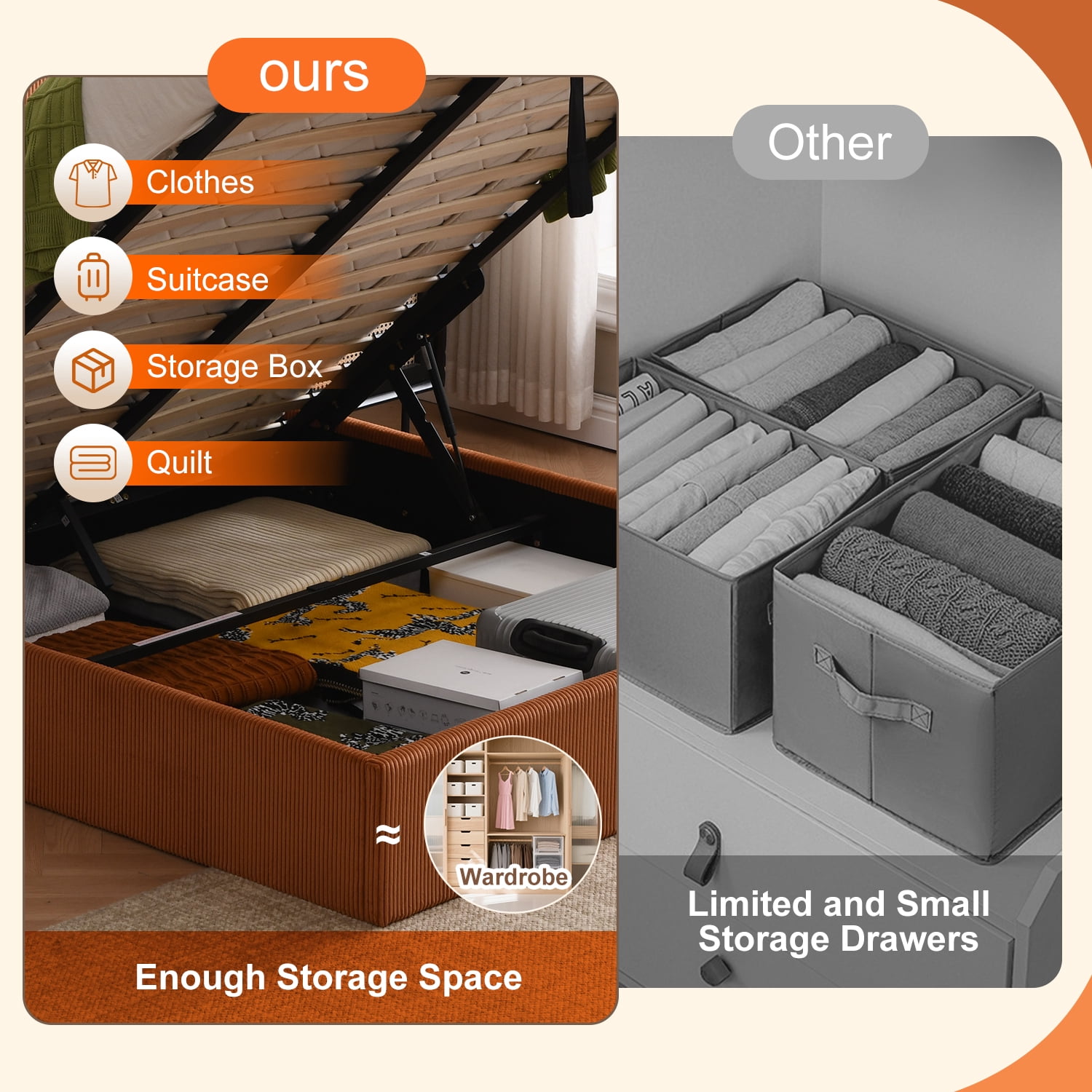 Queen Size Bed Frame with Lift Up Storage, Corduroy Upholstered Platform Bed with Wingback Headboard, No Box Spring Needed, Hydraulic Storage, Orange