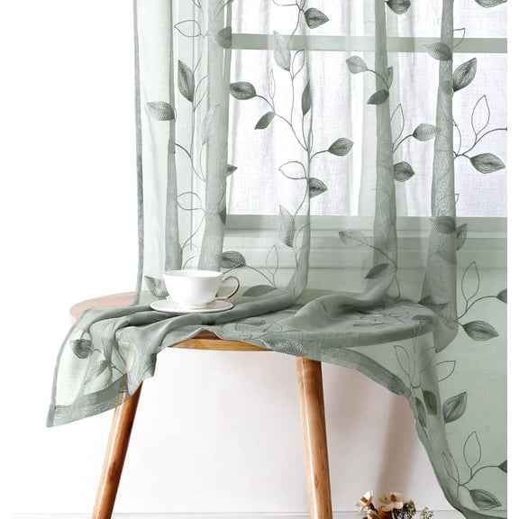 Sheer Curtains Leaf Embroidered, 52x84 Inch, 2 Panels