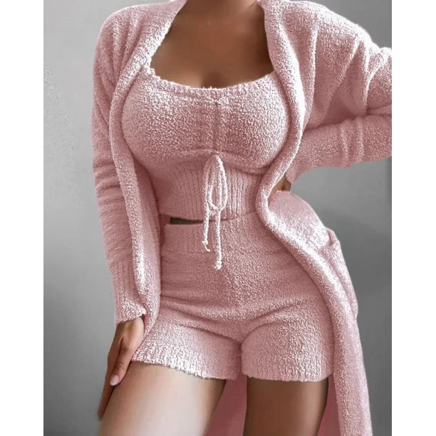 Conjunto de Pijama de terciopelo de felpa para mujer, Top corto, pantalones largos y abrigo, traje de 3 piezas, ropa de dormir suave, otoño e invierno, 2023