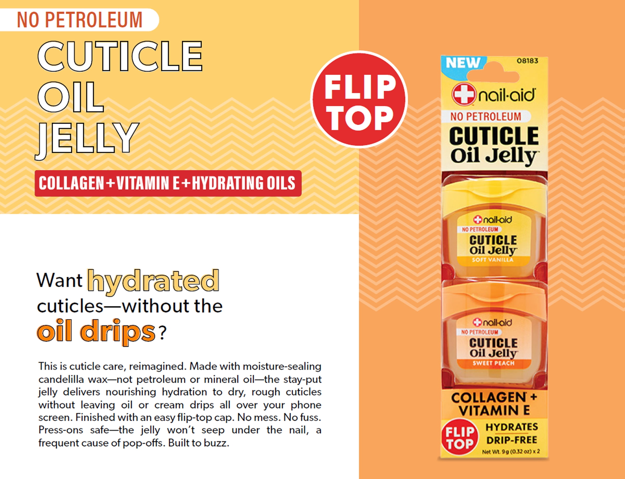 NAIL-AID Cuticle Oil Jelly, Press-On Friendly Non-Drip Cuticle Treatment for Dry Cracked Cuticles and Hangnails, Collagen + Vitamin E, CleanClick™ Secure Flip-Top Cap, Petroleum-Free.