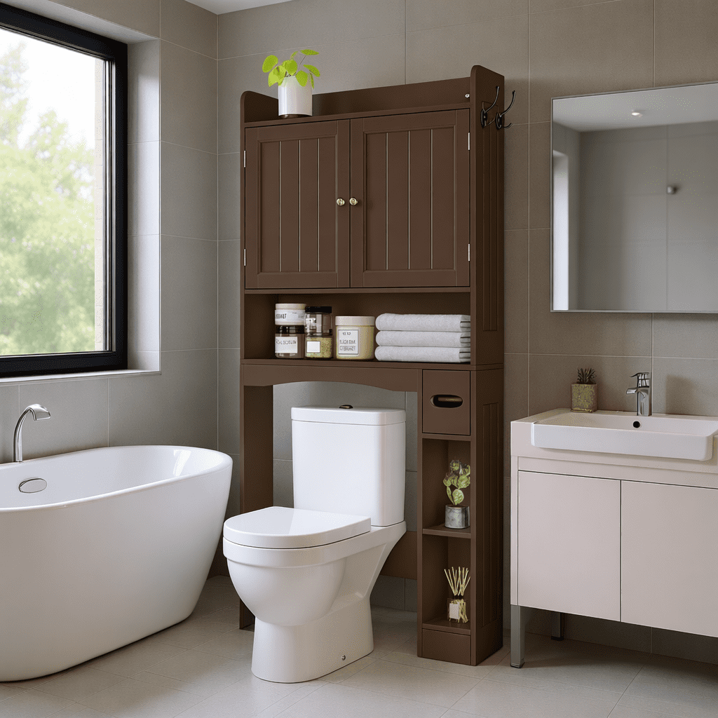Aiho 70.3" Tall Over the Toilet Storage Cabinet, Bathroom Organizer Above Toilet with Adjustable Shelves & 2 Side Hooks, Space Saver for Bathroom, Laundry, Dark Brown