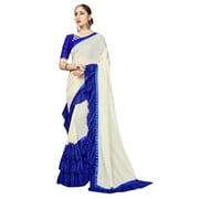 Sarees for Women Georgette Ruffle - Frill Saree | Ethnic Indian Gift Traditional Wedding Gift Sari with Unstitched Blouse Off White