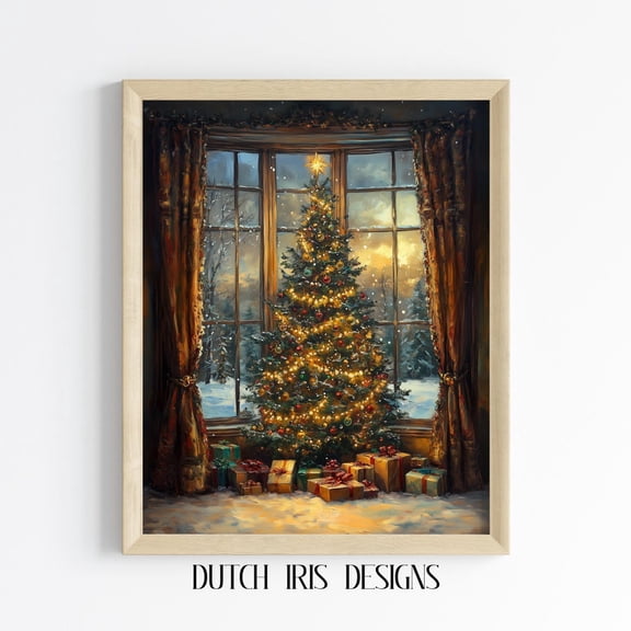 Tree By Window, Cozy Winter Scene, Decor, Vintage Art, Warm Lit Room, Rustic Seasonal Print 629 Home Decor #1324, Unframed Poster Size 8x12