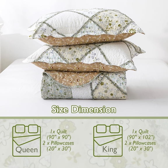 Patchwork Quilt Set King Size, 3 Pieces Floral Plaid Bedspreads Coverlet, Soft Microfiber Lightweight Bedding Set for All Season,Gray Green