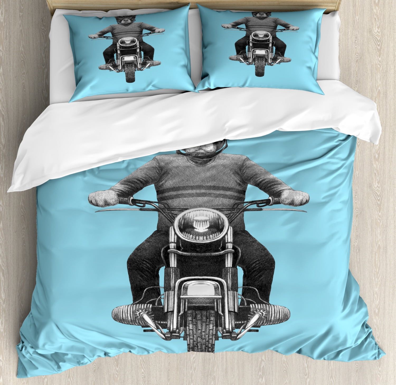 Rottweiler Duvet Cover Set King Size, Dog Breed Riding Motorcycle Adventurous Scooter Hard Hat, 3 Piece Bedding Set with 2 Pillow Shams, Grey Dark Grey and Pale Sky Blue, by Ambesonne