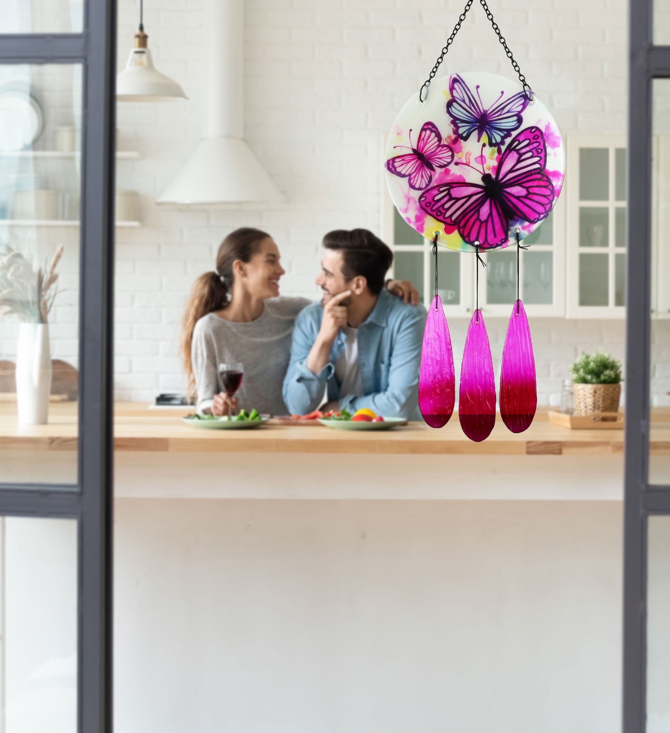 CoTa Global Circle Butterfly Wind Chime - Handmade Glass & Metal Chime, Colorful Butterflies Hanging Home Decor Gift, Indoor & Outdoor Cute Nature Art Decoration For Porch, Patio & Garden - 21.7"