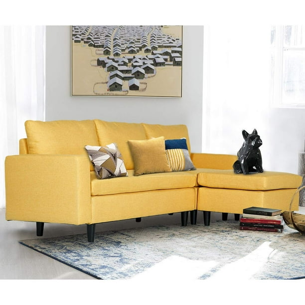 L Shaped Couch With Modern Linen Fabric, Yellow Sectional Sofa