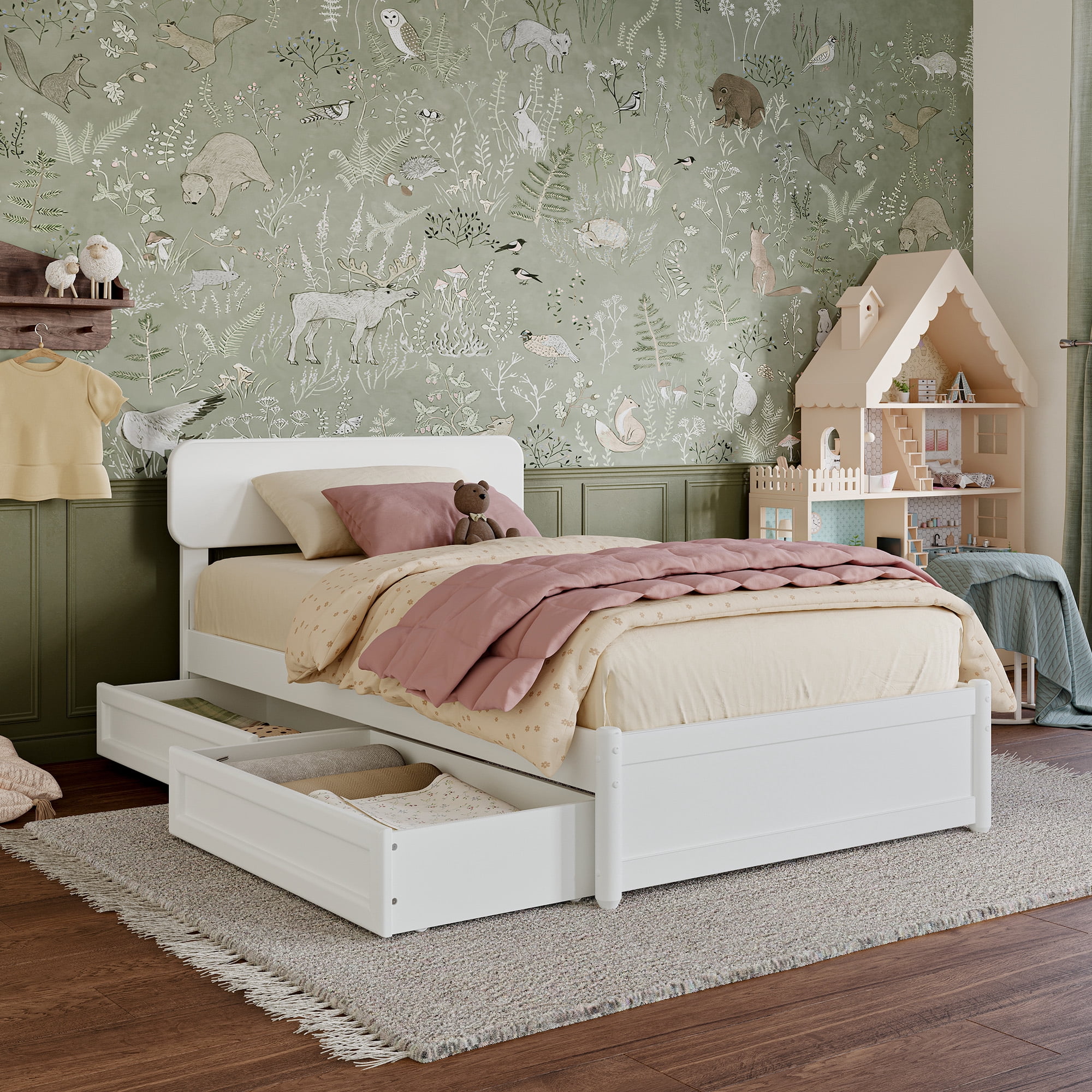 AFI Capri Twin Solid Wood Platform Bed with Panel Footboard and Storage Drawers, White
