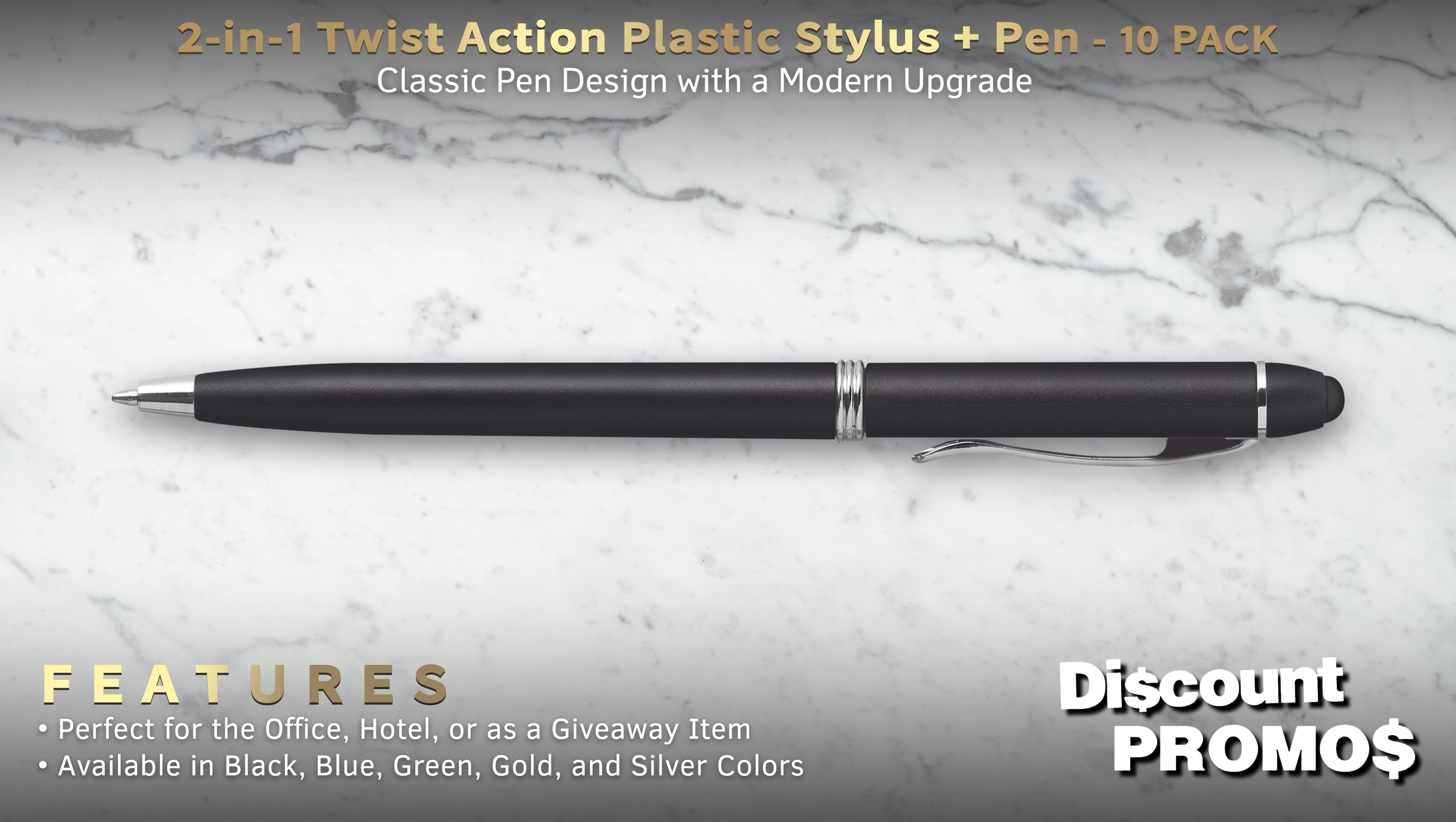 10 Twist Action Plastic Stylus Pens Pack - Metallic Barrel, Black Ink - Black
