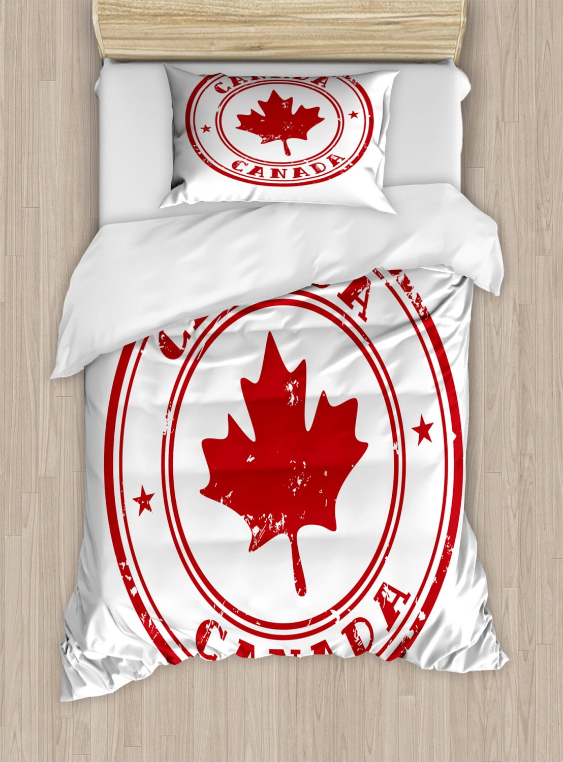 Canada Twin Size Duvet Cover Set, Rubber Stmap Print with Canadian Flag
